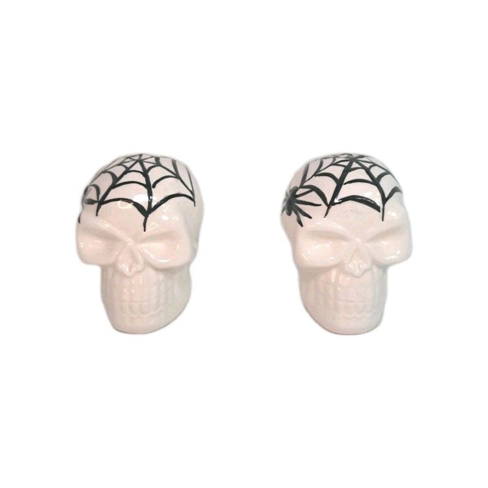 Halloween Skulls Spiders Webs Salt & Pepper Shakers Set 3.5" Spooky Decor Shaker